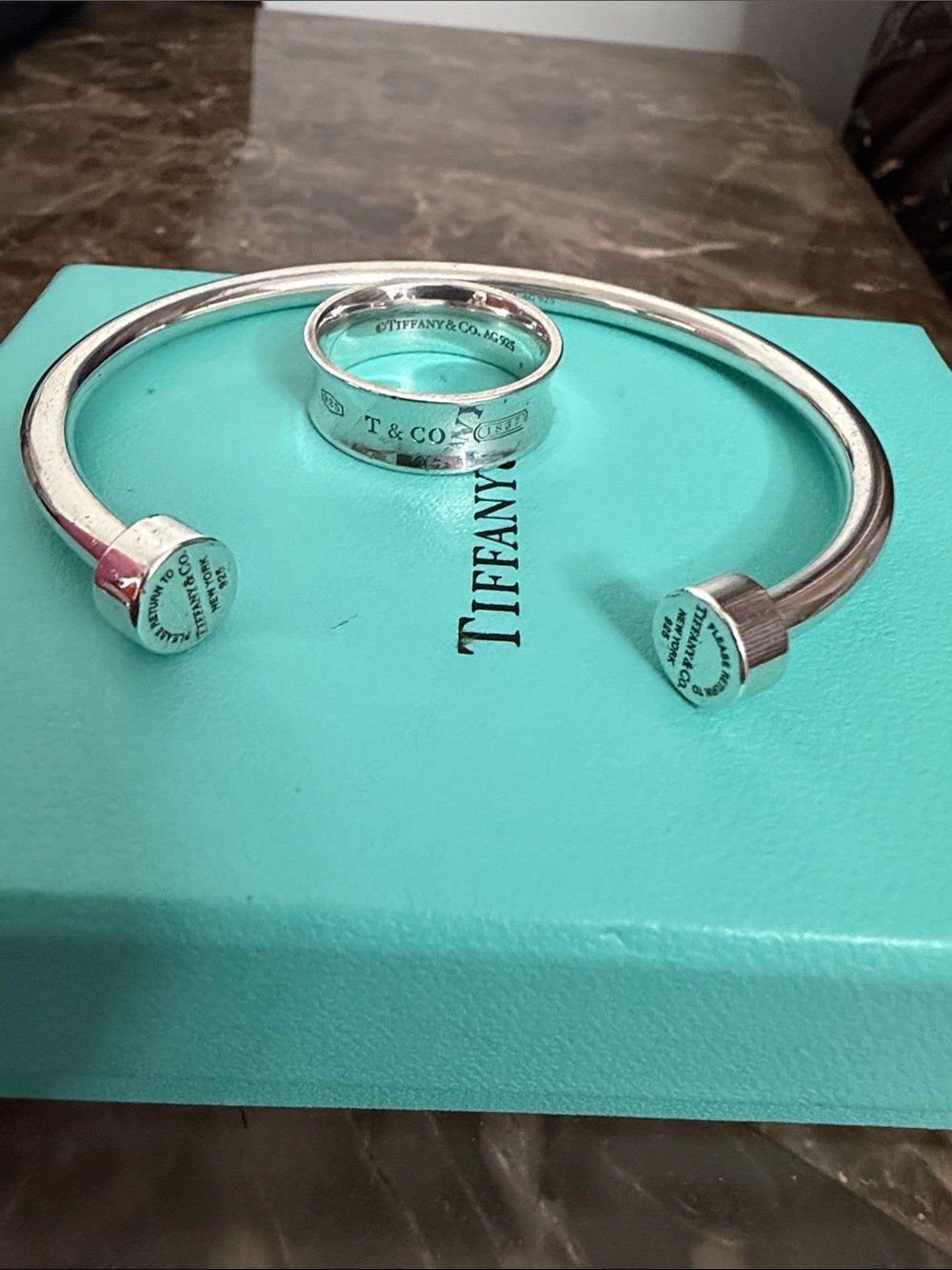 Tiffany & Co. Silver Nail-Head Cuff and Band Set - Tiffany Blue Accents